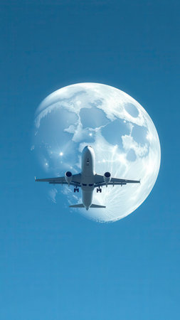 White passenger airplane flying in front of planet earth resembling the moon against a clear blue skyの写真素材