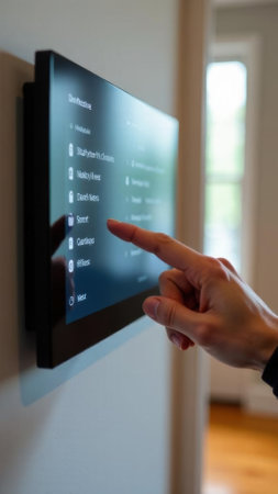 Smart home control panel with user interacting, modern technology for convenience and efficiency in daily life, smart living conceptの素材