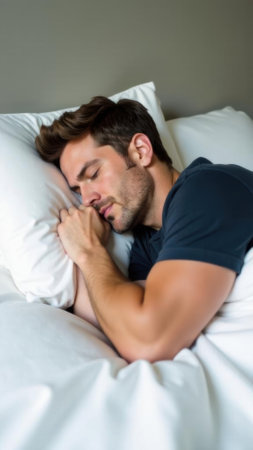 Man peacefully sleeping on a comfortable pillow in a cozy setting, showcasing relaxation and tranquility, sleep wellness conceptの素材