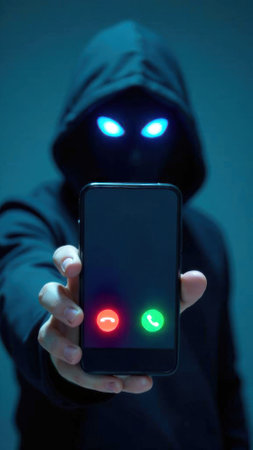 Mysterious figure in a dark hoodie holding a smartphone with glowing buttons, representing a digital communication theme and technology conceptの素材