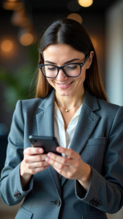Professional woman in a suit using smartphone with a smile in a modern office setting, showcasing technology and communication conceptの素材