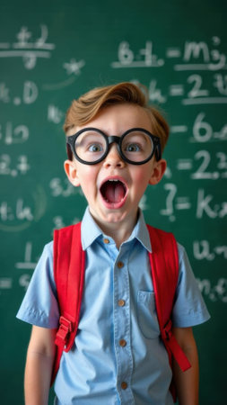 Excited schoolboy with glasses expressing joy in front of a chalkboard filled with math equations and numbers, education conceptの素材