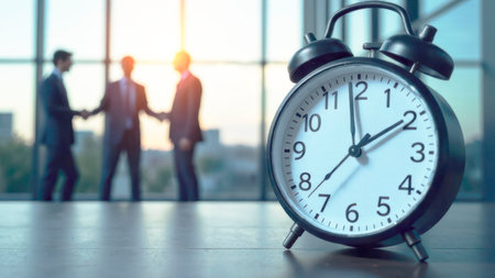 Business meeting with handshake in office setting, clock in foreground indicating time management and productivity, professional teamwork conceptの素材