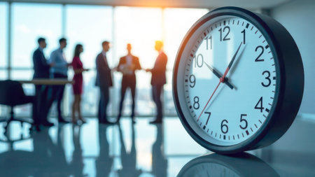 Business meeting with clock in foreground, professionals discussing strategies, time management concept, collaboration and productivity in modern office environmentの素材