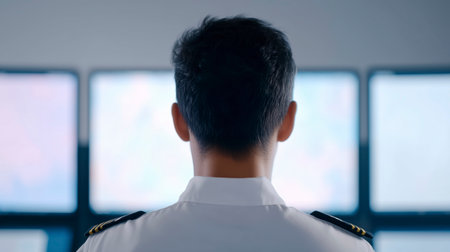 Male pilot in uniform, viewed from behind, stands before multiple screens in a modern cockpit, focused on flight operations and navigation tasksの素材