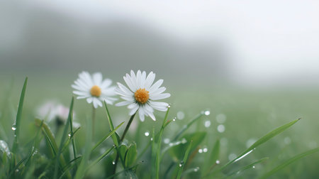 White daisies blooming in lush green grass, adorned with morning dew droplets, creating a serene and tranquil atmosphere in a soft-focus natural settingの素材
