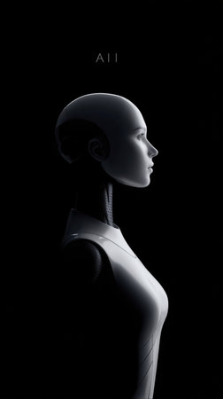 Futuristic humanoid robot with a sleek design, showcasing a smooth surface and intricate details, illuminated against a dark background, representing advanced technology and innovationの素材