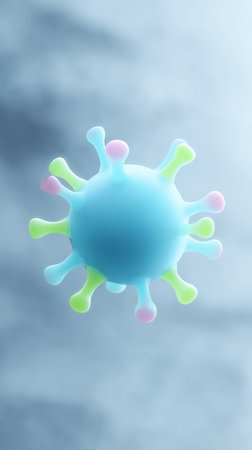 Colorful 3D illustration of a virus with blue spherical body and protruding colorful spikes, representing microscopic life and health-related themes in a scientific contextの素材