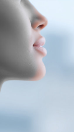 Close-up profile of a woman with smooth skin and soft lips, showcasing delicate facial features against a blurred background, emphasizing beauty and elegance in a serene atmosphereの素材