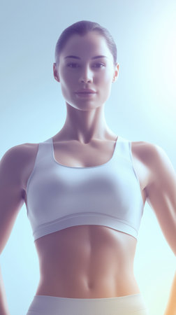 Athletic woman in a white sports bra poses confidently against a soft gradient background, showcasing strength and determination in a fitness-focused environmentの素材