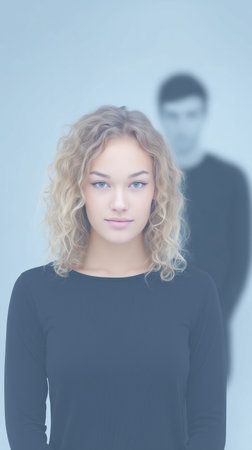 Young woman with curly hair stands confidently in front of a blurred figure, showcasing a sense of mystery and emotional depth in a minimalist environmentの素材