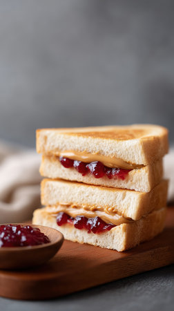 Cozy scene showcasing toast and preserves, Casual breakfast setup with rustic bread and berry spread, Artistic depiction of toasted bread with strawberry jam on rustic wooden boardの素材