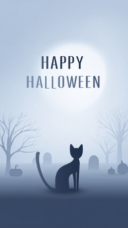 Black cat sits in misty cemetery under moonlight, silhouette framed by distant tombstones and cool blue haze, tranquil eerie mood suitable for seasonal greeting or spooky backgroundの素材