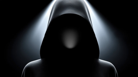 Mysterious shadowy shape concealed in dramatic lighting environment, Enigmatic faceless silhouette shrouded in shadows with intense backlightingの素材