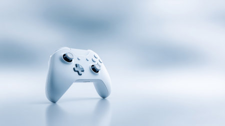 Modern gaming controller on reflective surface with calm ambiance, White gaming controller resting on reflective surface in serene studioの素材
