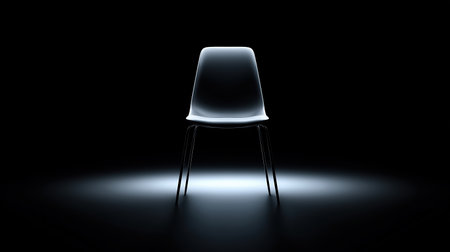 simple chair highlight, unoccupied chair emphasized in dim setting with subtle halo and mirrored supportsの素材