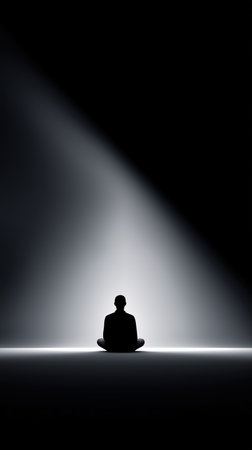 calm meditation scene, peaceful individual crosslegged on shadowed ground with radiant vertical lightの素材