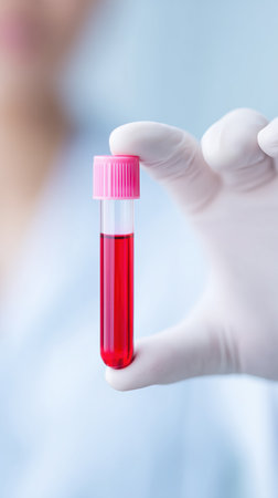 lab sample handling, detailed shot of technician safely handling blood specimens in clinical environmentの素材