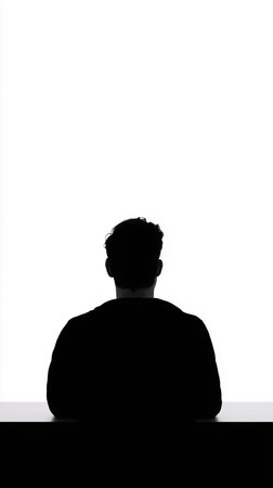 silhouette undetermined person at desk facing bright window. backlit profile sits in quiet minimalistの素材