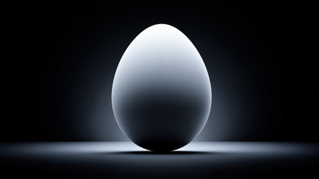 dramatic single egg on pedestal with high-contrast studio lighting and deep shadow, moody minimalistの素材