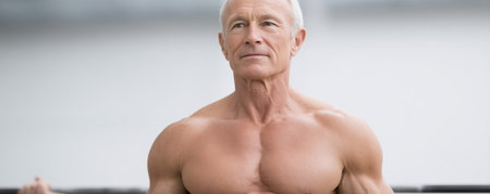 Toned man exercising outdoors, Ripped male workout by water, Strong athletic man training near lakeside, Physically fit male performing intense exercise outdoors beside urban water settingの素材