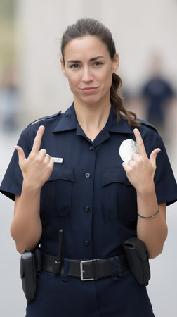 Confident police officer in uniform standing with assertive hand gesture, urban blurred background, tactical belt and badge visible, serious expression conveying leadership and readinessの素材