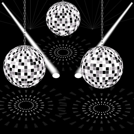 round sphere of small mirrors hanging from the ceiling on a chain around the beams of searchlights and laserのイラスト素材