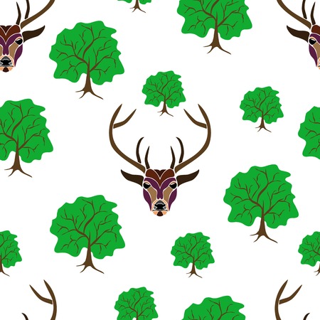 Seamless of deer portrait on white background with big and small trees. seamless of wild animal and nature for your designのイラスト素材