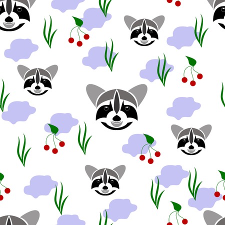 Seamless of racoon portrait on white background with grass, branch of berry and light blue share. seamless of wild animal and nature for your designのイラスト素材