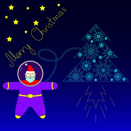 Santa is flying in space near his rocket tree. Santa astronaut flying to the stars in a spaceship in the form of a Christmas tree. Coloredのイラスト素材