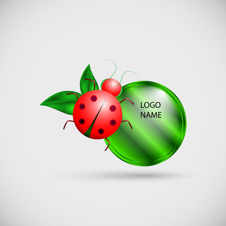 Logo banner with ladybug and leaves. eco banner with green frame for logo name, green leaves and red ladybugのイラスト素材