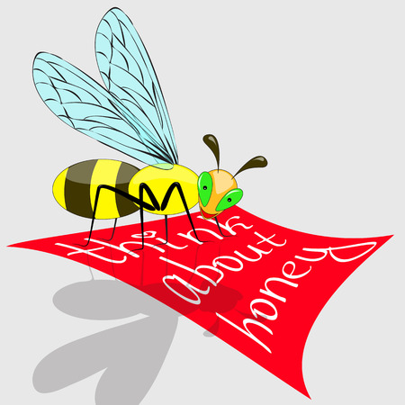 bee sits on an inscription Think about honey. insect smiles and draws attention to the text for your design. . .. ..のイラスト素材