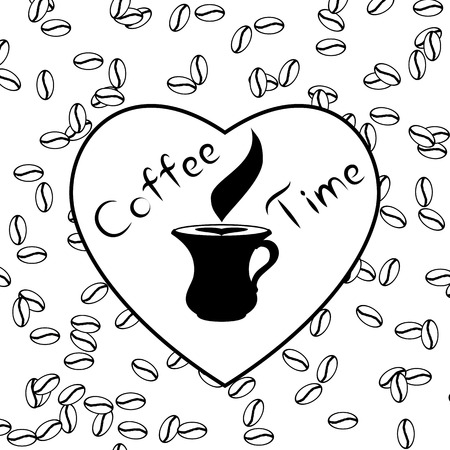 Coffee time with love and coffee beans. signboard or card with cup of coffee in heart for your designのイラスト素材