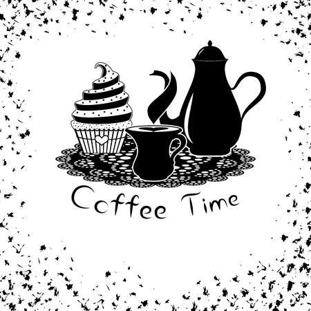 Coffee time with coffee pot and cupcake. card or banner of coffee time with frame of spotsのイラスト素材
