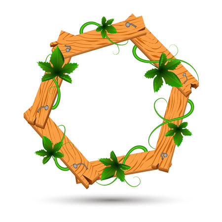 Wooden frame with curly grapevines. Grape leaves are twisted around a wooden frameのイラスト素材