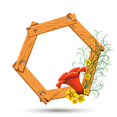 Wooden frame with red and yellow flowers. Bouquet of flowers on a wooden frameのイラスト素材
