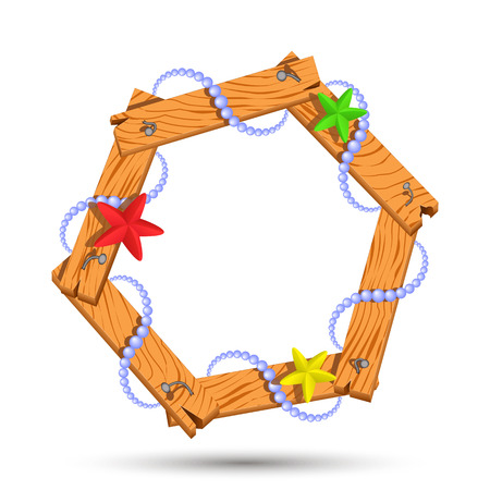 Wooden frame with pearls and starfishes. precious pearls twisted around a wooden frameのイラスト素材