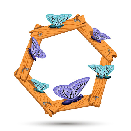 Wooden frame with different butterflies. same insect sitting on a wooden boardのイラスト素材