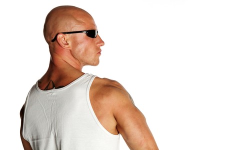 Fit Male Model With Sunglasses on White Isolated Backgroundの写真素材
