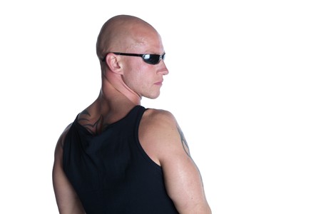 Fit Male Model With Sunglasses on White Isolated Backgroundの写真素材
