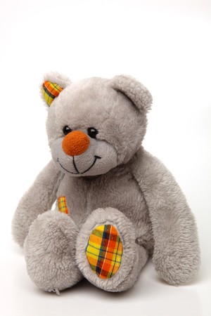 Gray Teddybear Sitting on White Isolated Backgroundの写真素材