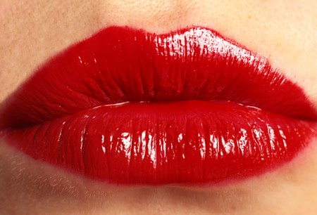 Bright Red Womans Lips Close Upの写真素材