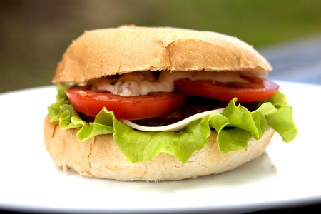 Delicious Cheeseburger With Salad And Tomato On A Plateの写真素材