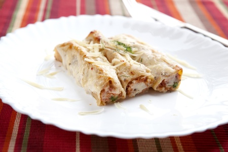 Three Tasty Cannellonis on a White Plate Covered with Cheese and Dillの写真素材