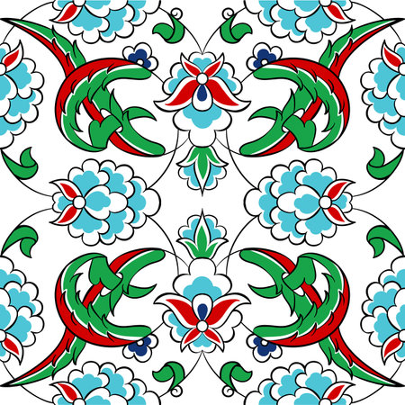 Seamless pattern with blue and red flowers on a white backgroundのイラスト素材