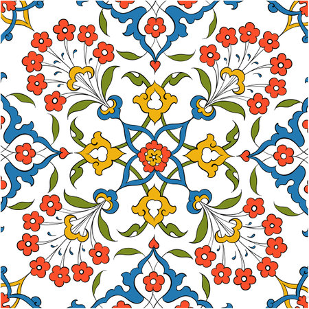 Talavera pattern.  Indian patchwork. Azulejos portugal. Turkish ornament. Moroccan tile mosaic. Ceramic tableware, folk print. Spanish pottery. Ethnic background. Mediterranean seamless  wallpaper.のイラスト素材