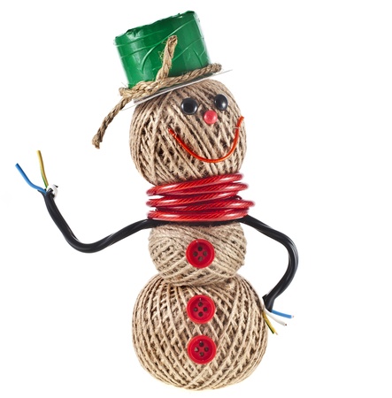 Happy Snowman made of yarn, rope, wire, tape isolated on white backgroundの写真素材