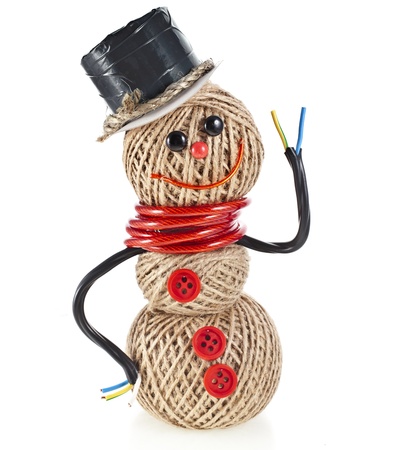 Happy Snowman made of yarn, rope, wire, tape isolated on white backgroundの写真素材