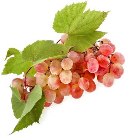 fresh grape fruits with green leaves isolated on white backgroundの写真素材
