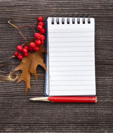 Autumn note on old wooden background textureの写真素材